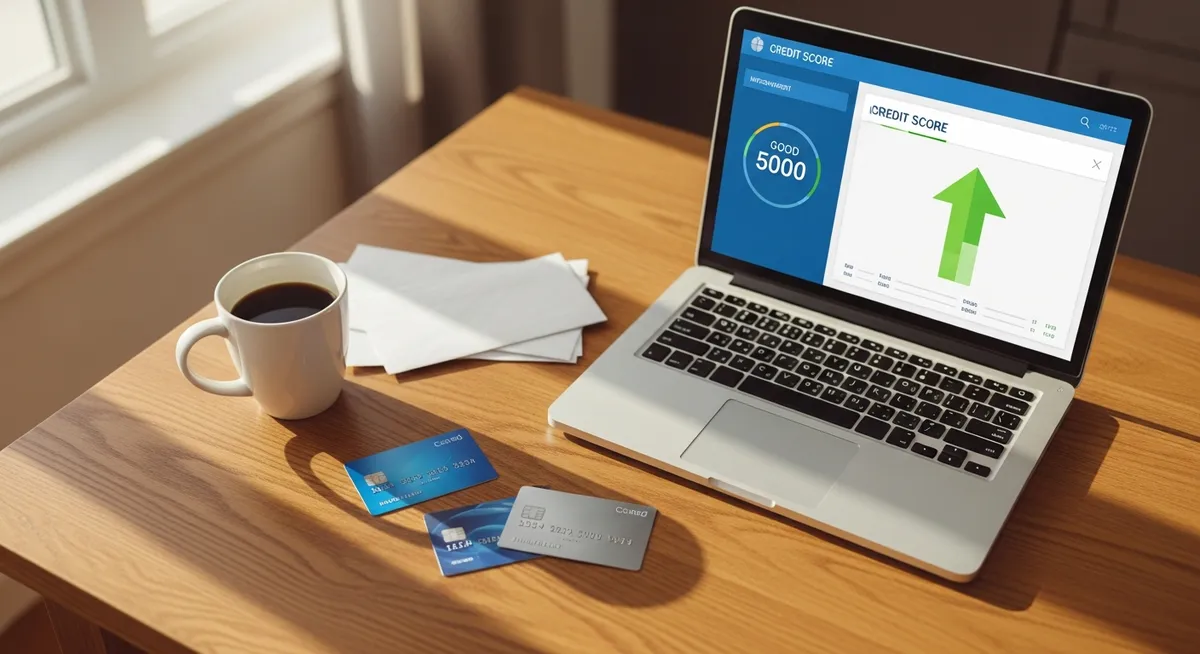 Two credit cards on a kitchen table beside a laptop showing a credit score increase after authorized user strategy in Canada