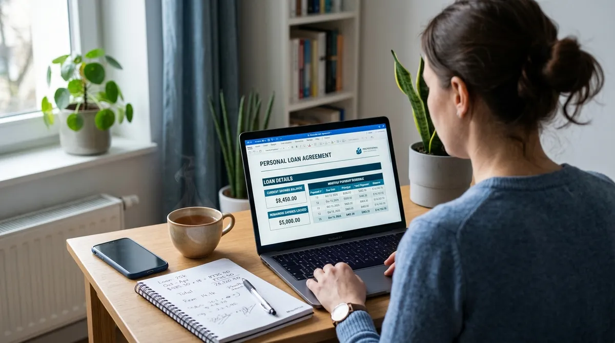 Person in Canada reviewing a credit builder loan payment schedule on a laptop
