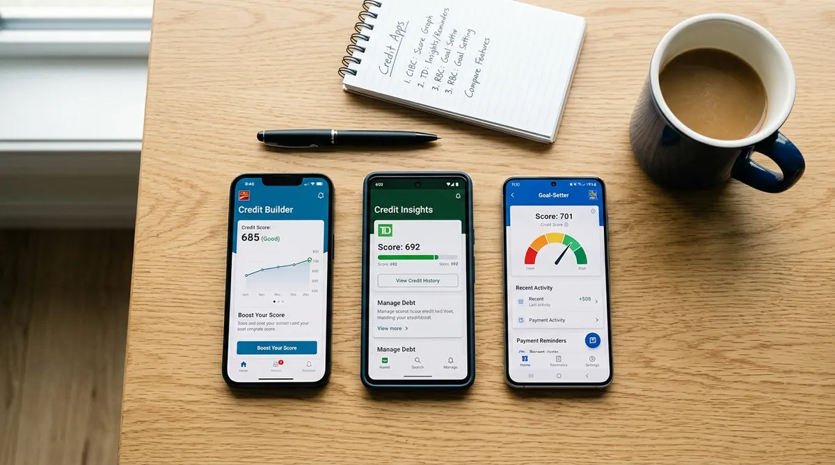 Three Canadian credit builder apps compared side by side on smartphones