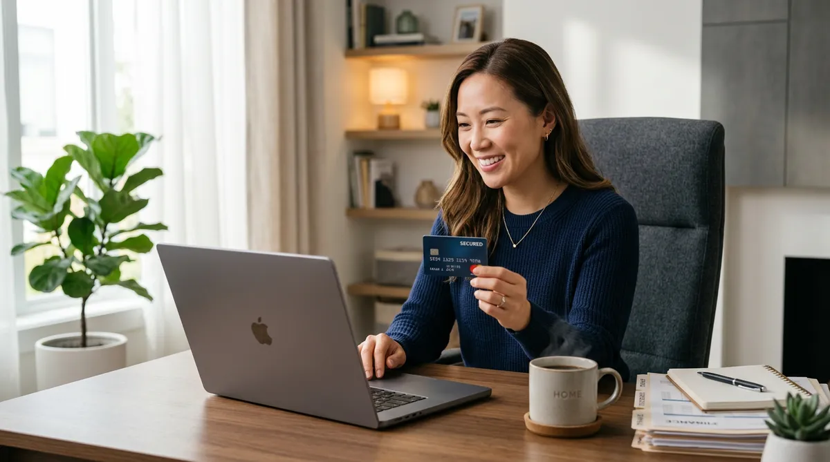 person holding secured credit card Canada reviewing credit score dashboard on laptop