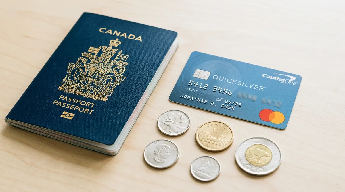 Capital One secured Mastercard Canada for bad credit beside Canadian passport on wood surface