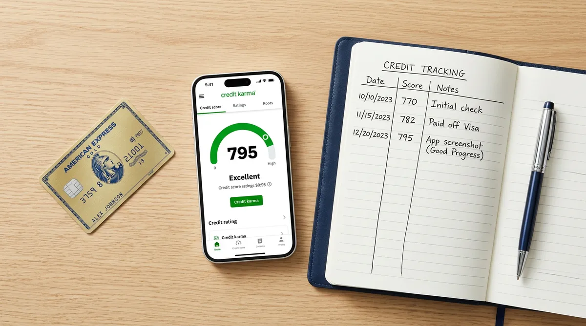 Credit Karma Canada app showing credit score improvement progress alongside secured credit card and notebook