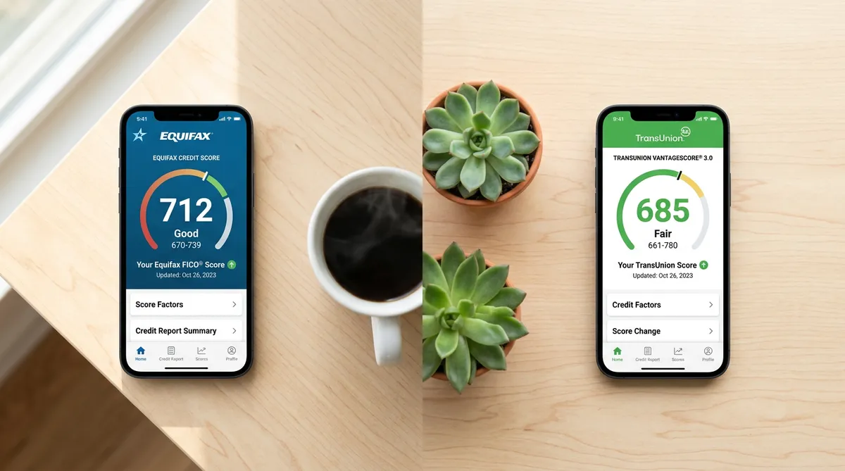 Borrowell vs Credit Karma Canada showing different Equifax and TransUnion credit scores on two smartphones