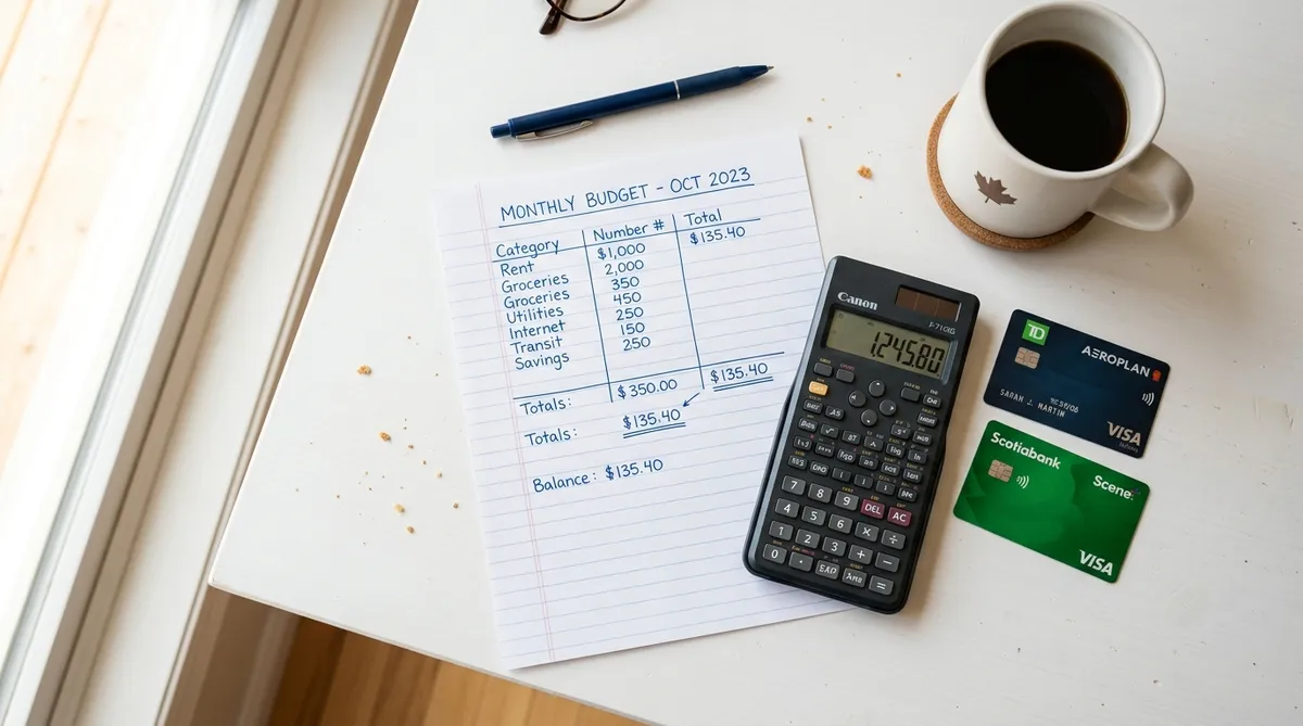 comparing secured credit card costs in Canada on a kitchen table with calculator and budget notes