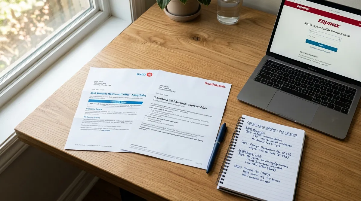 comparing Capital One and Neo secured credit card offers on desk in Canada with Equifax website open on laptop