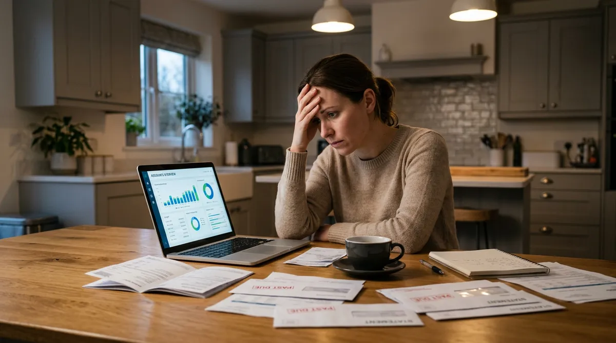 Person reviewing financial documents and credit dashboard at kitchen table