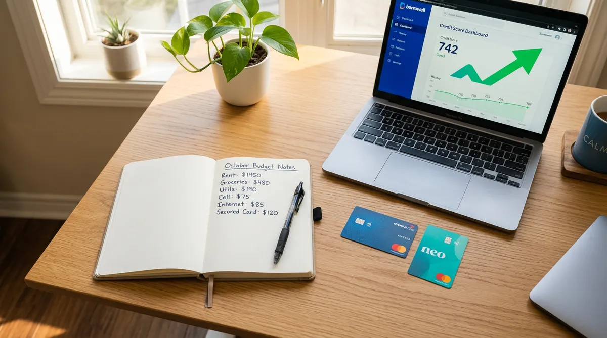 Secured credit cards and Borrowell dashboard showing credit score recovery progress