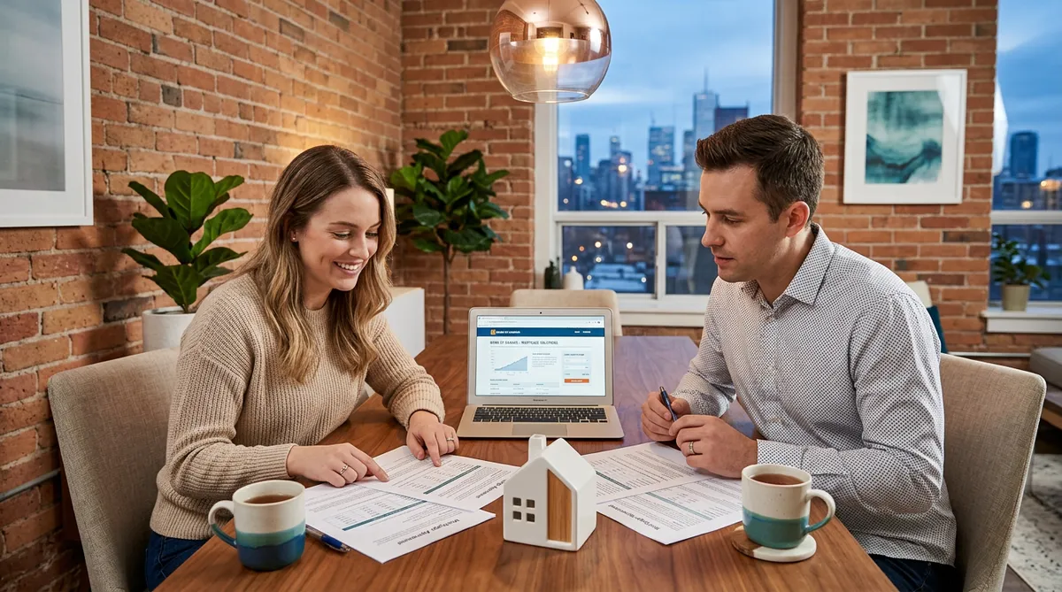 Canadian couple reviewing credit score requirements for mortgage approval
