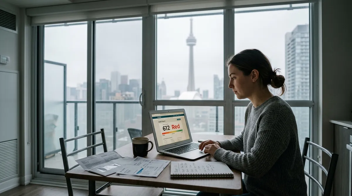Ontario resident reviewing credit report in Toronto apartment
