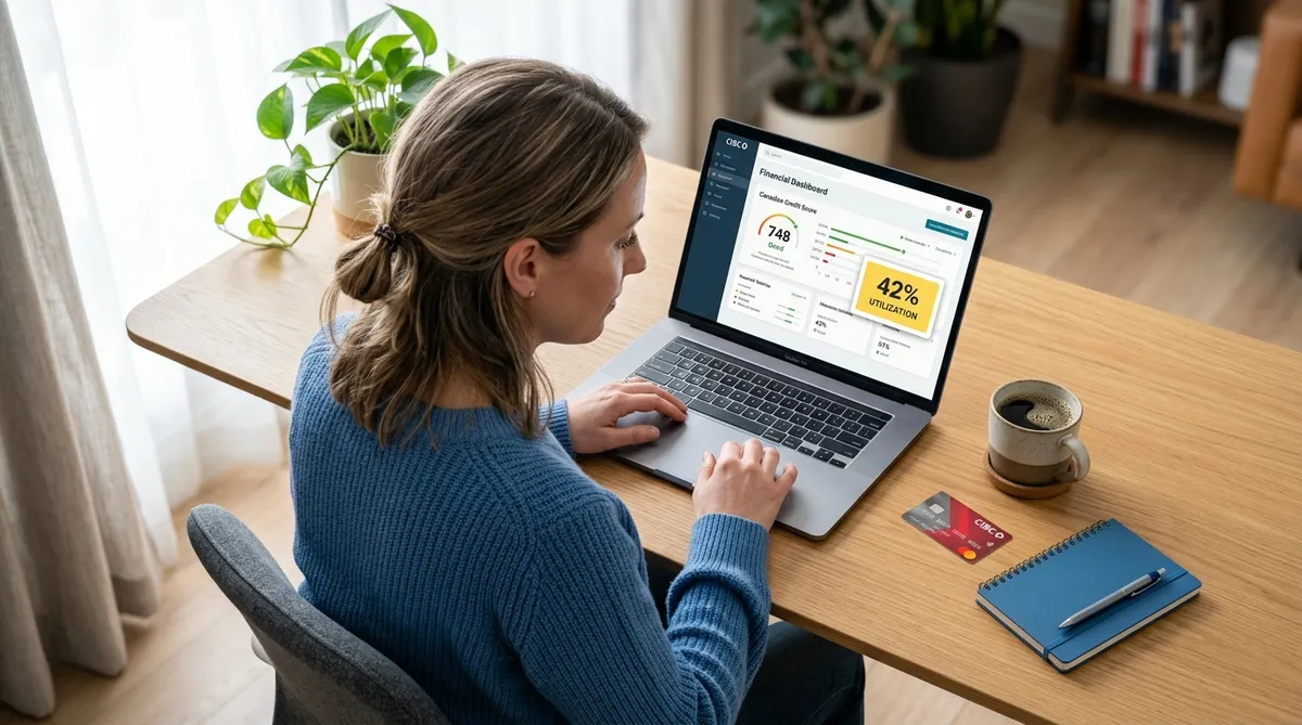 Credit utilization ratio displayed on laptop screen showing Canadian credit score dashboard