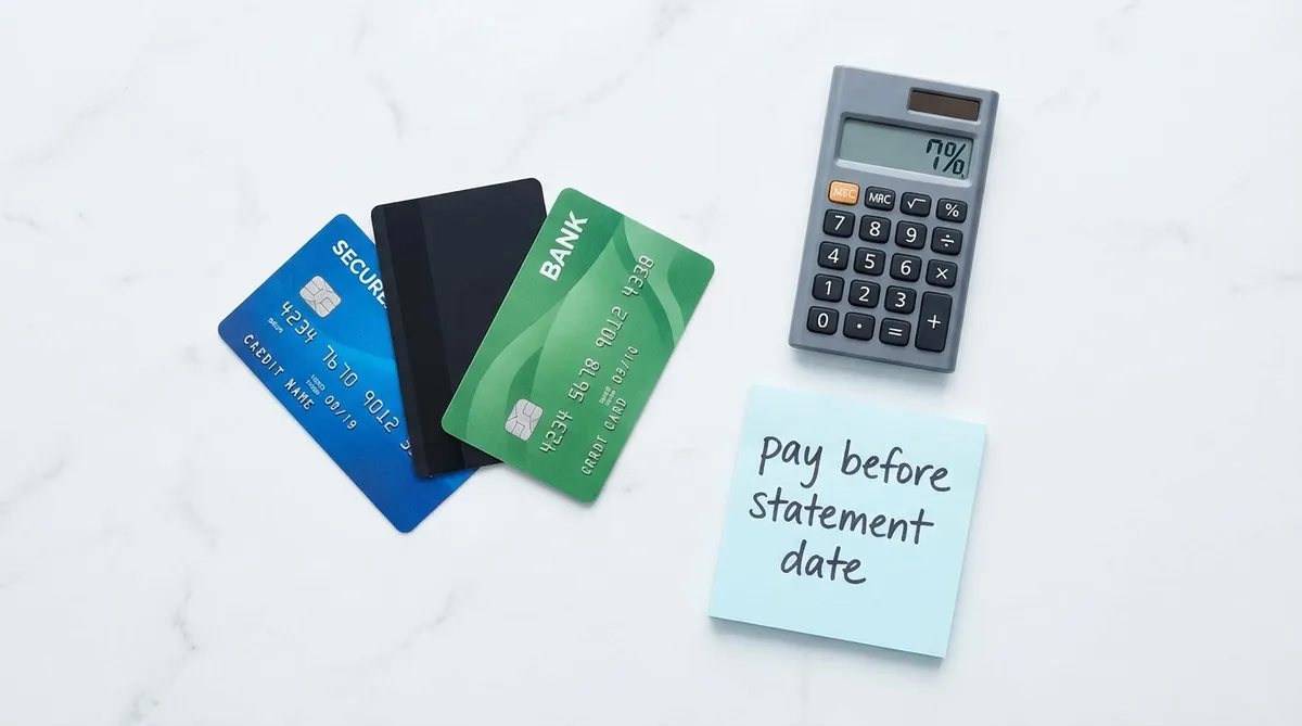 Canadian credit cards and calculator showing optimal credit utilization ratio strategy