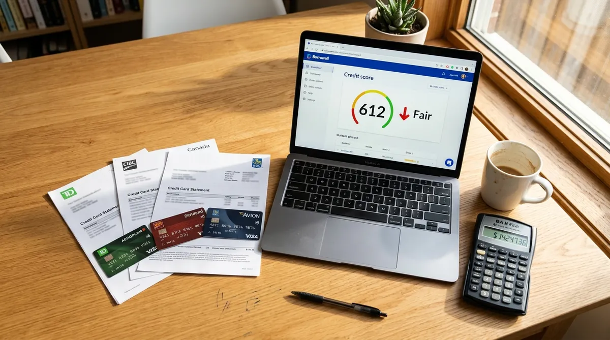 Canadian credit card statements and calculator on a kitchen table during debt consolidation planning