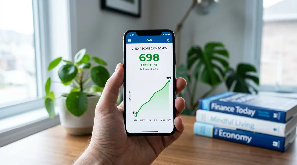 Smartphone displaying Canadian credit score climbing after debt consolidation