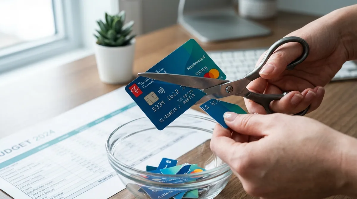 Hands cutting up a Canadian credit card after debt consolidation to prevent re-borrowing