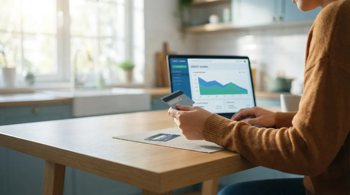 19:<!-- IMAGE: A realistic wide-angle photo of a person sitting at a wooden kitchen table, holding two Canadian credit cards — one face-up in their right hand, one being set down face-first on the table as if being retired. A laptop in the background shows a Credit Karma dashboard with a declining score graph. Soft morning light through a window, shallow depth of field, warm neutral tones.