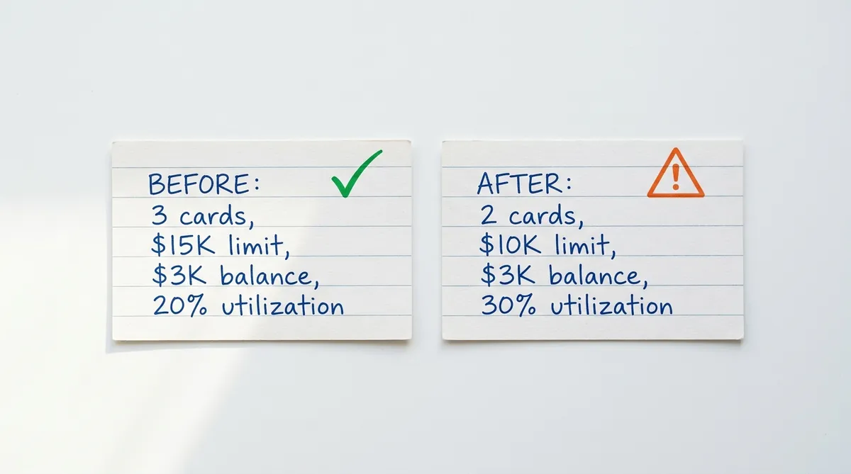49:<!-- IMAGE: A flat lay photo shot from directly above on a clean white desk — two versions of a simple handwritten comparison on index cards: the left card shows "BEFORE: 3 cards, $15K limit, $3K balance, 20% utilization" with a green checkmark, the right shows "AFTER: 2 cards, $10K limit, $3K balance, 30% utilization" with an orange warning symbol. Minimal styling, soft natural side lighting, small shadow.