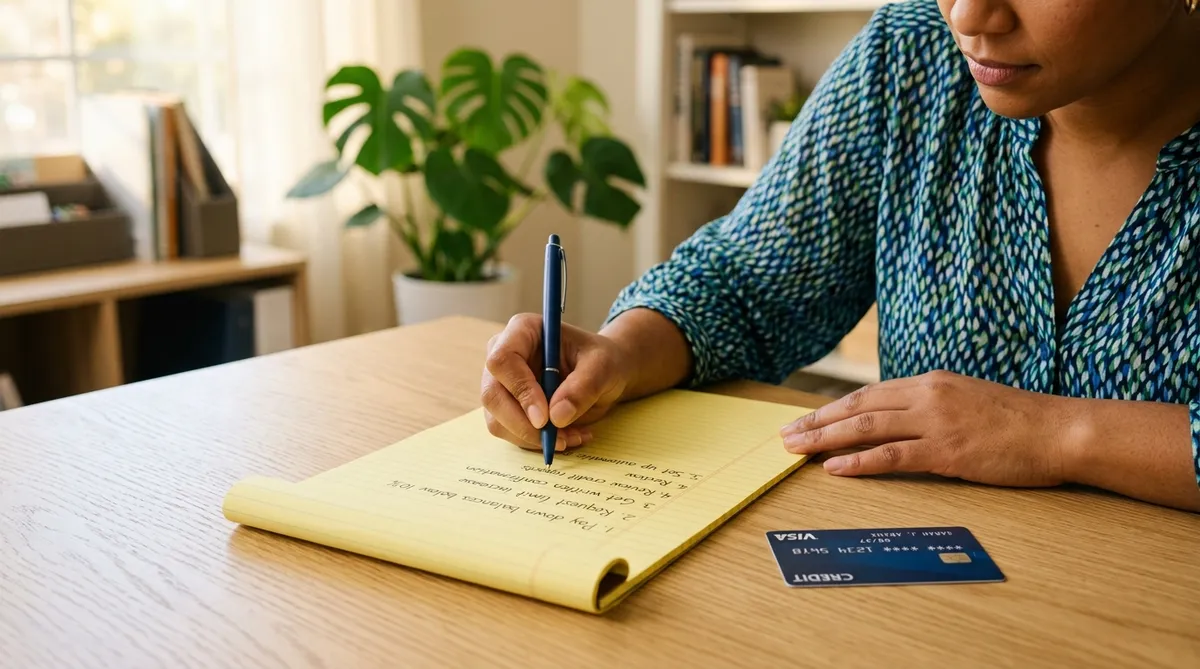 107:<!-- IMAGE: A close-up photo of a person writing a numbered checklist on a yellow legal notepad. The list items are partially visible: "1. Pay down balances below 10%", "2. Request limit increase", "3. Get written confirmation". A credit card lies to the right of the notepad on a light oak desk. Warm afternoon side lighting, shallow depth of field, cozy home office setting with a plant blurred in the background.
