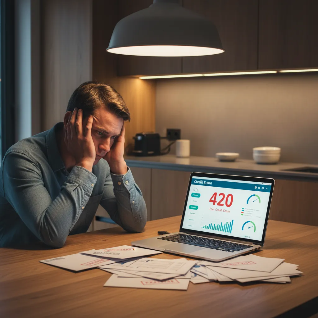 Canadian checking low credit score after bankruptcy on laptop at kitchen table