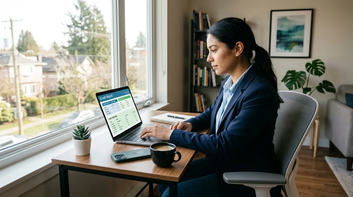 Canadian reviewing hard inquiries on credit report on laptop in apartment