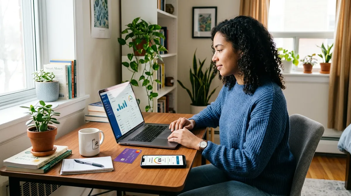 KOHO Credit Builder card on desk next to laptop showing credit score in Canada