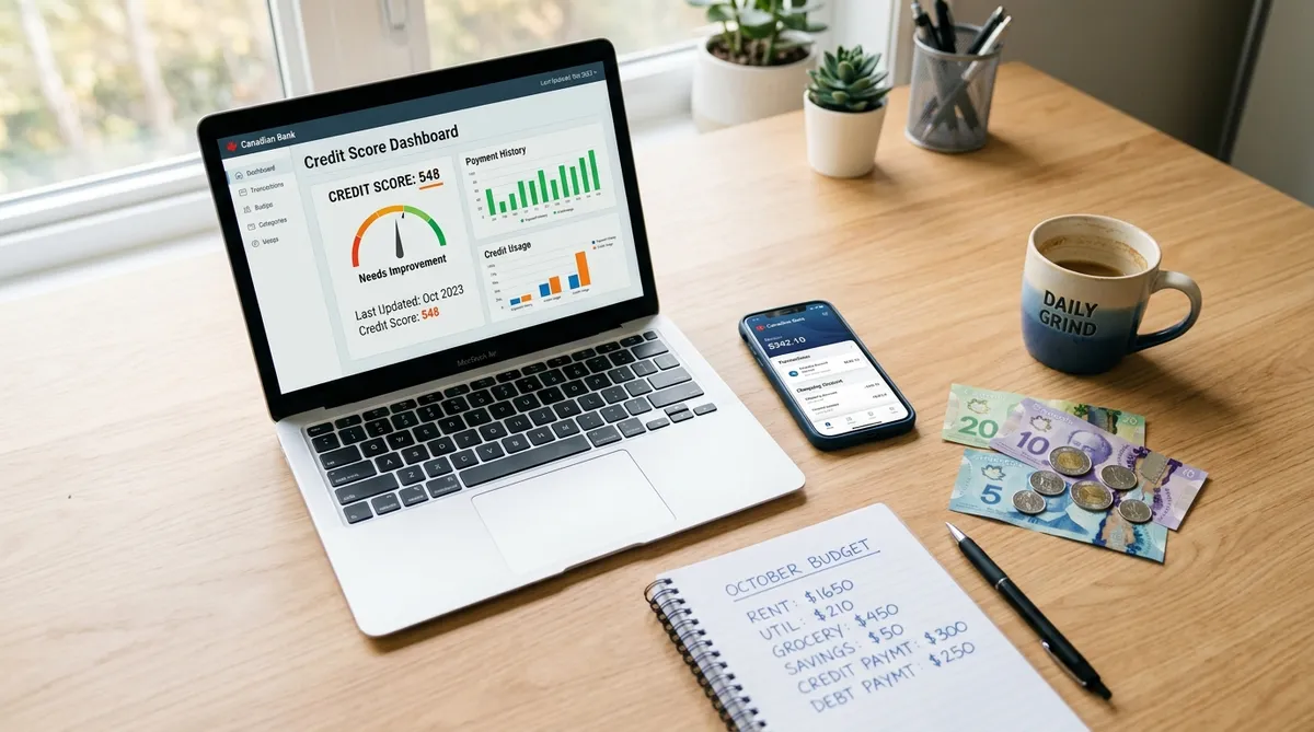 Credit builder loan application setup on desk with low credit score displayed on laptop in Canada