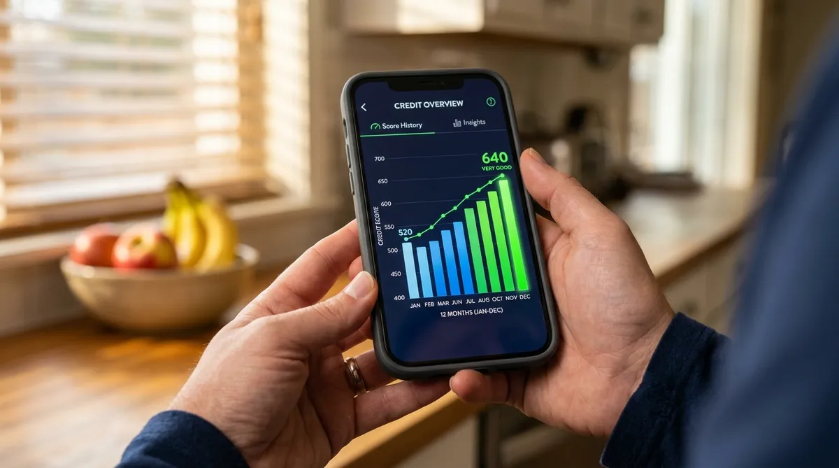 Credit score improvement graph on smartphone showing Refresh Financial credit builder loan progress in Canada