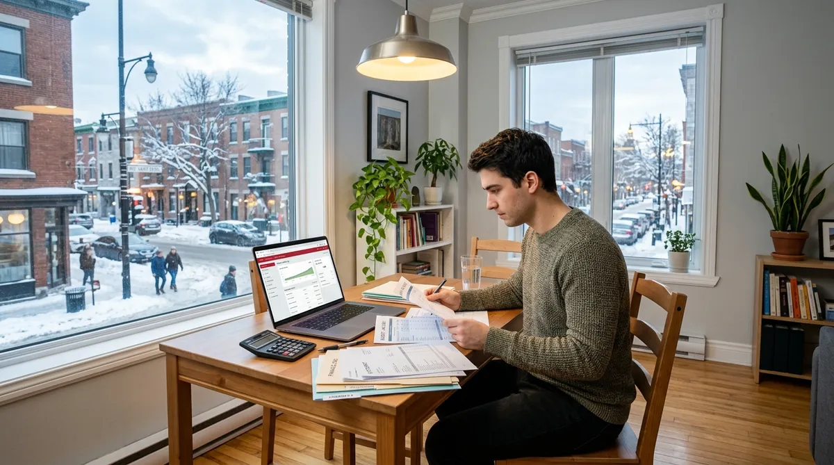 New immigrant in Canada reviewing credit builder loan options and financial documents at home in Montreal