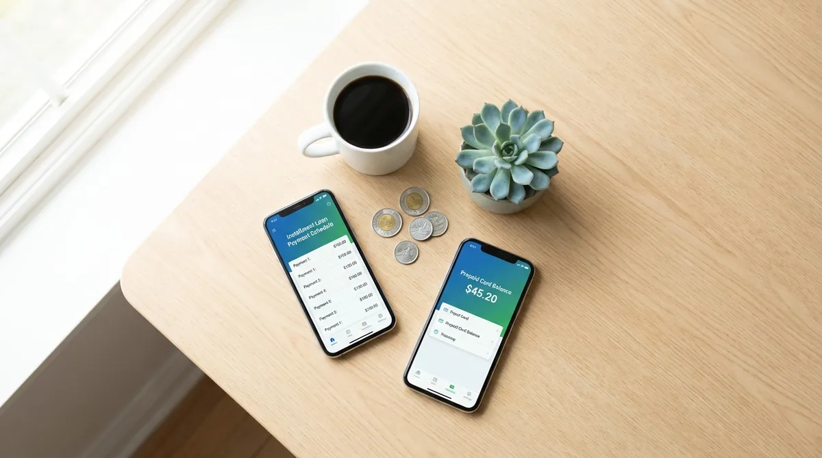 Refresh Financial vs KOHO Credit Builder cost comparison on two smartphones on Canadian kitchen table