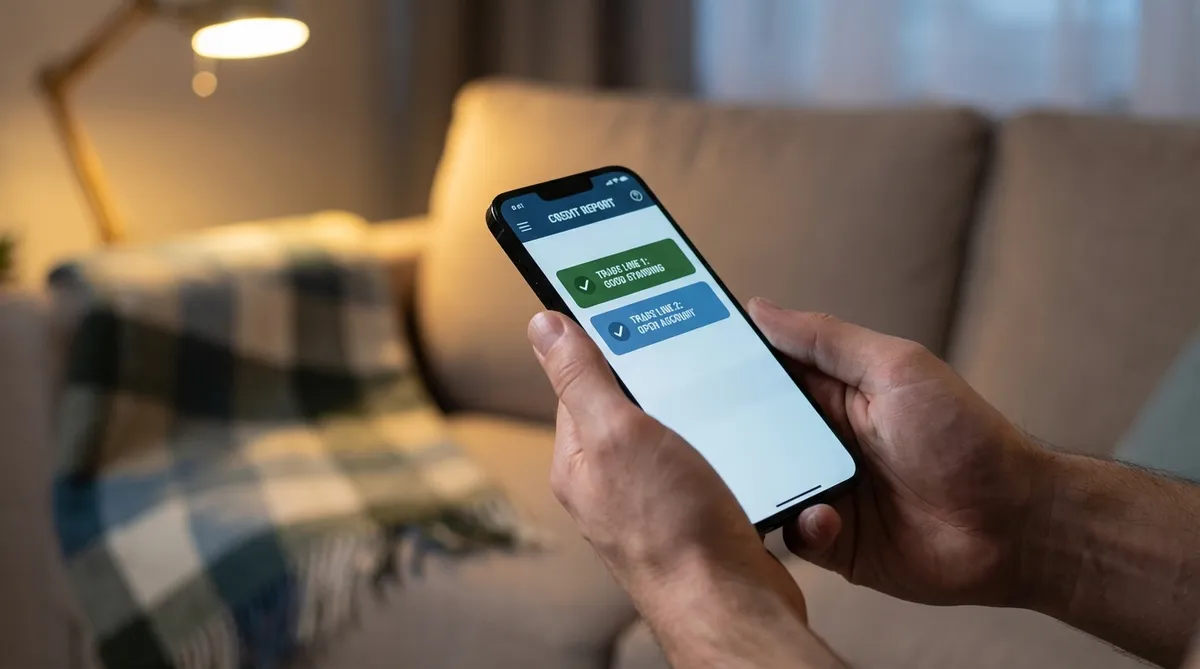 Credit report on smartphone showing installment and revolving trade lines for Canadian credit building