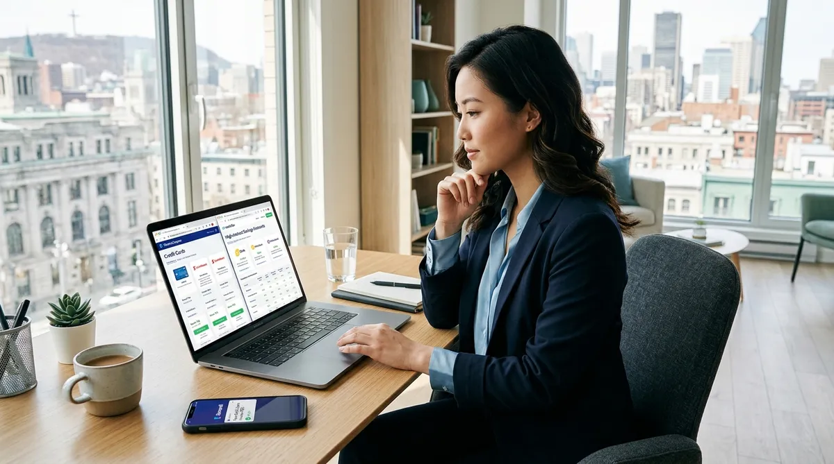 Canadian comparing Refresh Financial and KOHO credit builder products on laptop in Montreal apartment