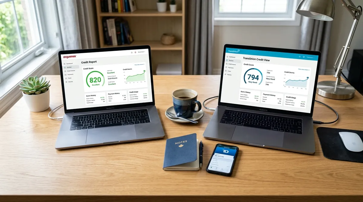 Equifax 820 and TransUnion 794 displayed side by side on two laptop screens showing different Canadian credit scores