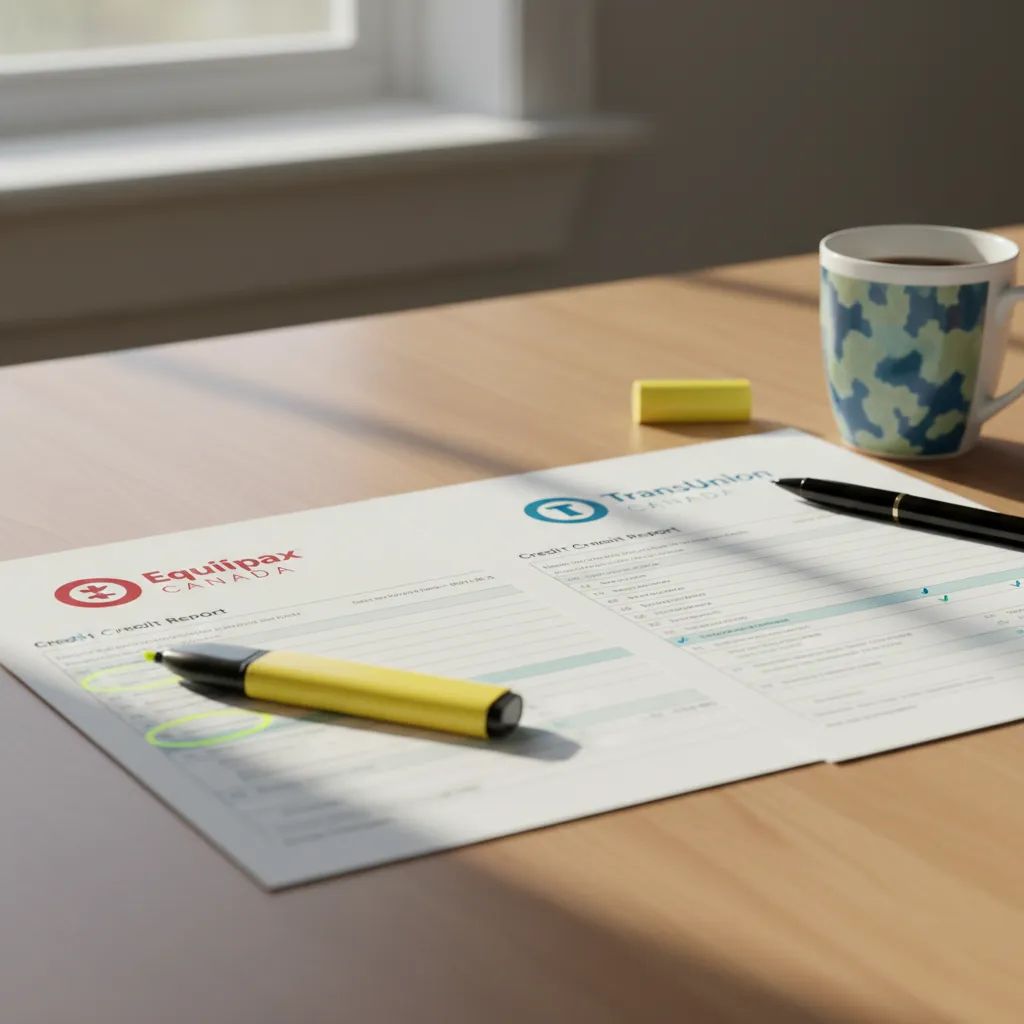 Two Canadian credit reports from Equifax and TransUnion laid side by side on a kitchen table with errors highlighted in yellow