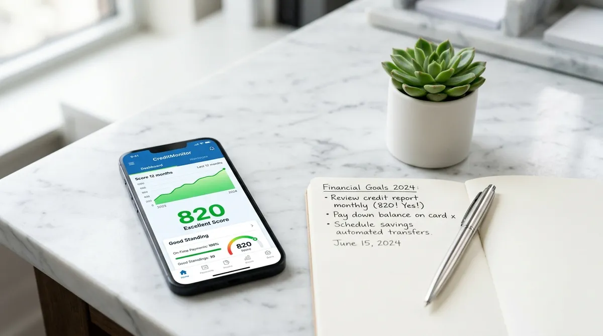 Smartphone showing a Canadian credit monitoring app with an 820 score next to a notebook and pen on a marble countertop